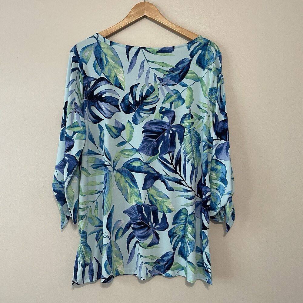 Susan Graver Liquid Knit Top XL Tropical Blue Green Tie Sleeve Office Travel - Picture 4 of 9